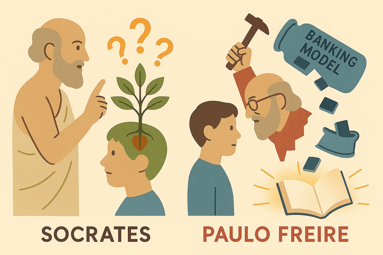 flat illustration of Socrates guiding a student through dialogue, with glowing question marks above the student’s head. On the other side.
